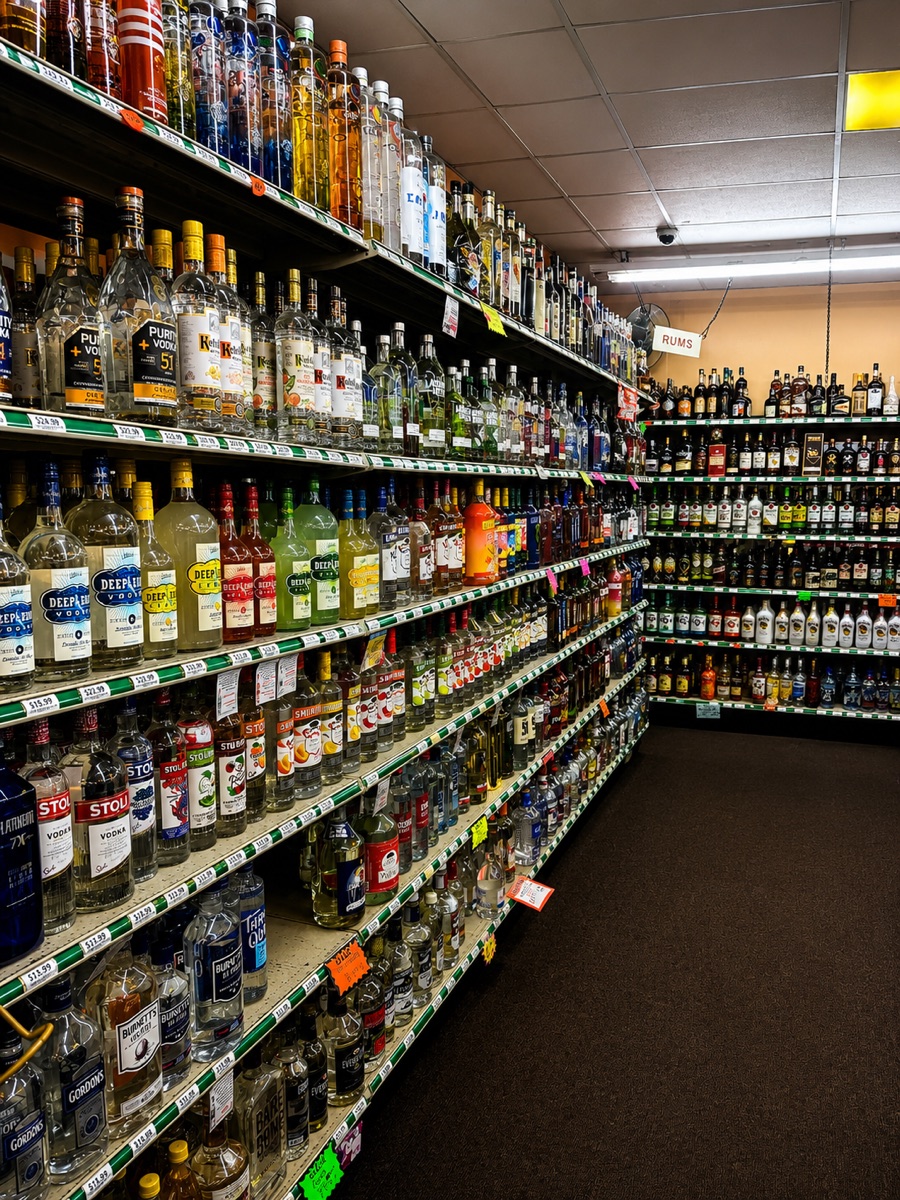 Oscar's Package Store spirits wall with liquor bottle selection